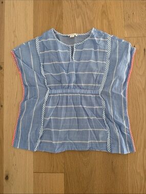 Crewcuts Light Blue and White Striped Girls' Tunic with Pink Pom Trim